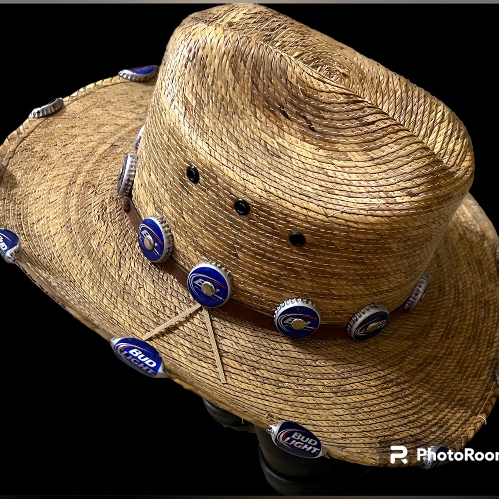 Beer cap Budweiser bud light tan straw cowboy cowgirl hat unisex men / woman